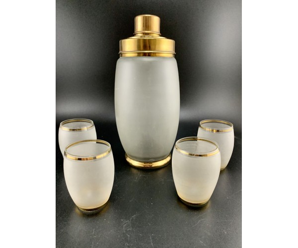 Beautiful Frosted Glass And Brass Cocktail Shaker Set From Czechoslovakia
