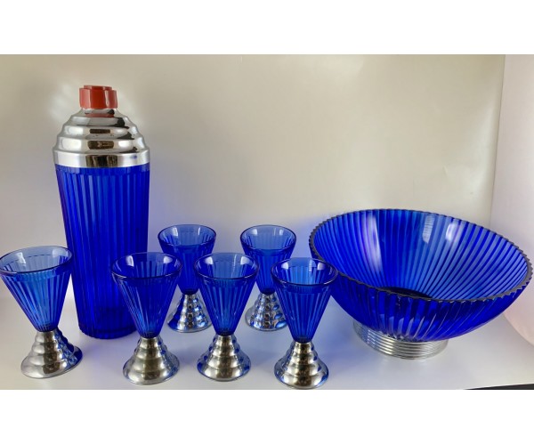Gorgeous Cobalt Blue Ridged Glass Cocktail Shaker set