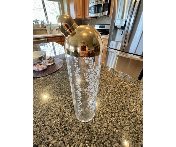 1930’s Fostoria Brass Dome Topped Floral Etched Cocktail Shaker