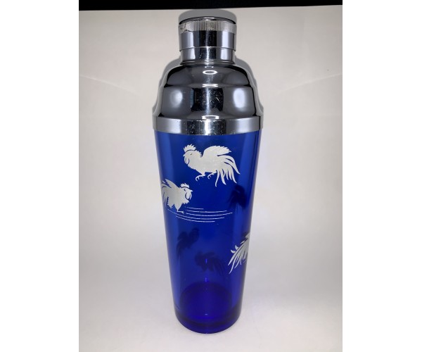Cobalt Blue Cocktail Shaker With White Roosters