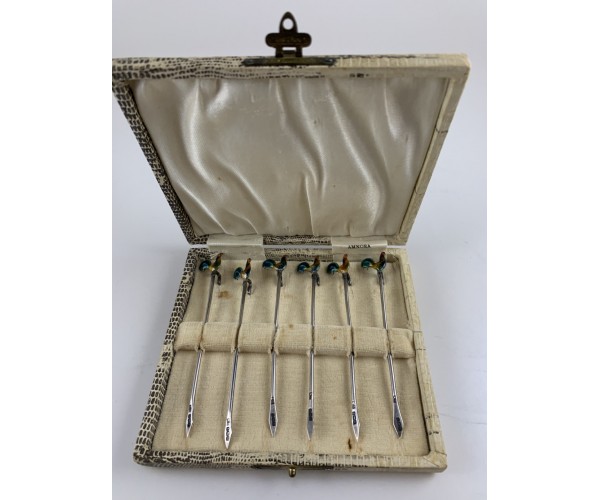 Vintage English Sterling Cocktail Martini Picks with Rooster Tops in Box